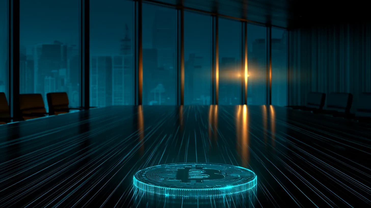 Physical bitcoin coin on a dark boardroom table with a financial district skyline at dusk in the background