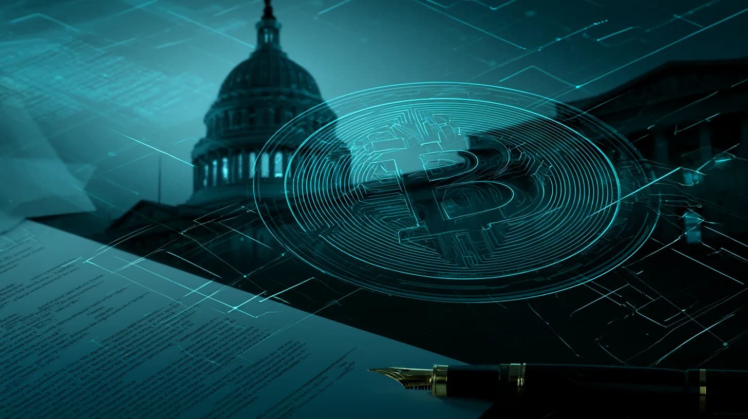 US Capitol at dawn with Bitcoin symbol overlay and tax paperwork on desk