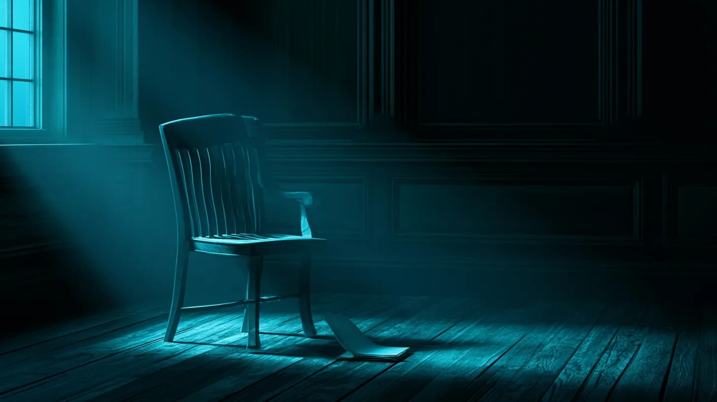 Empty witness chair in a wood-paneled federal courtroom, folded document on the seat, soft window light