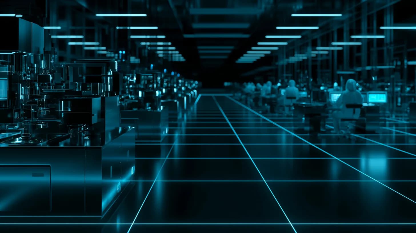 Technicians in cleanroom suits operate lithography equipment inside a modern semiconductor fabrication facility