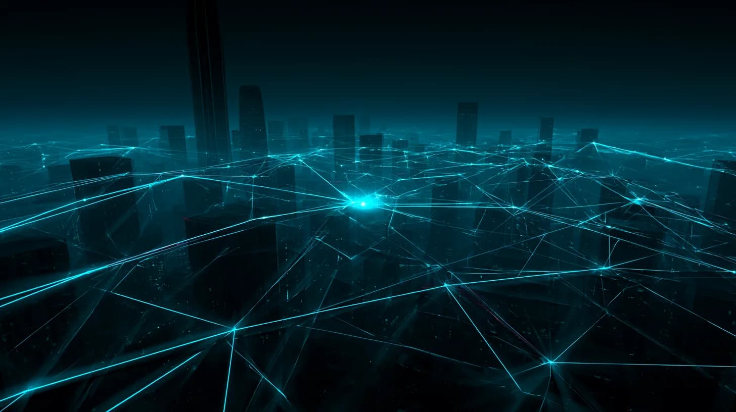 Shenzhen skyline at blue hour overlaid with a glowing neural network lattice representing Tencent's new AGI initiative