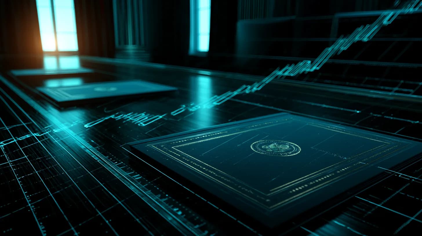 Two closed signing folders on a polished table with a faint candlestick chart overlay, signaling US-China trade pact