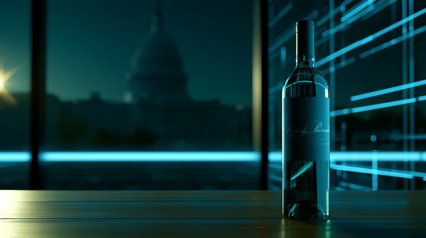 French wine bottle on wooden table with blurred US Capitol building in background, editorial photojournalism style