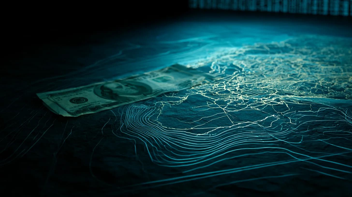 A US hundred dollar bill rests on a map of the Persian Gulf under soft directional light, illustrating the dollar and Iran…