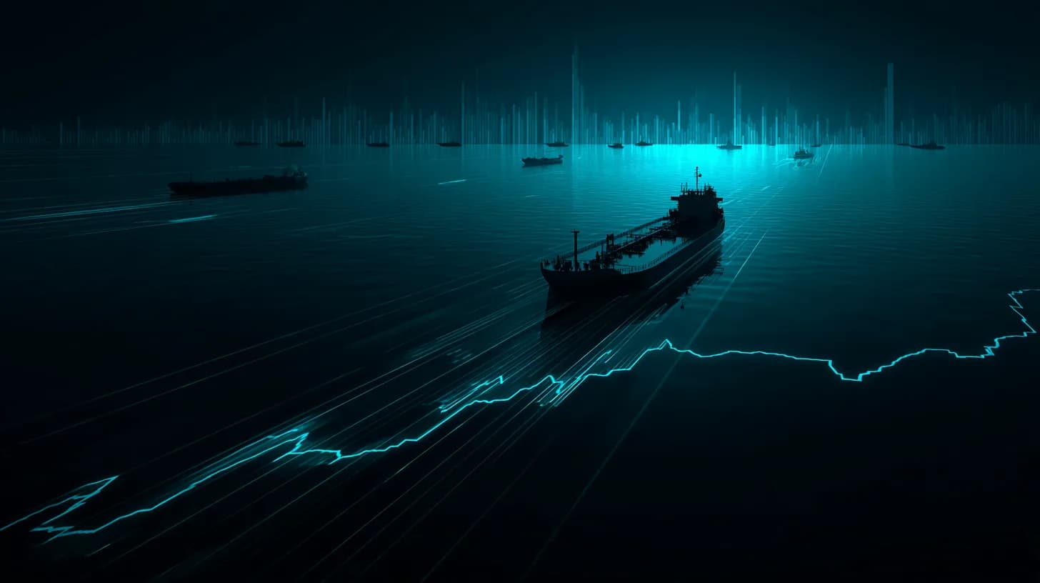 Oil tanker transiting the Strait of Hormuz at dusk with naval vessels visible in the distance