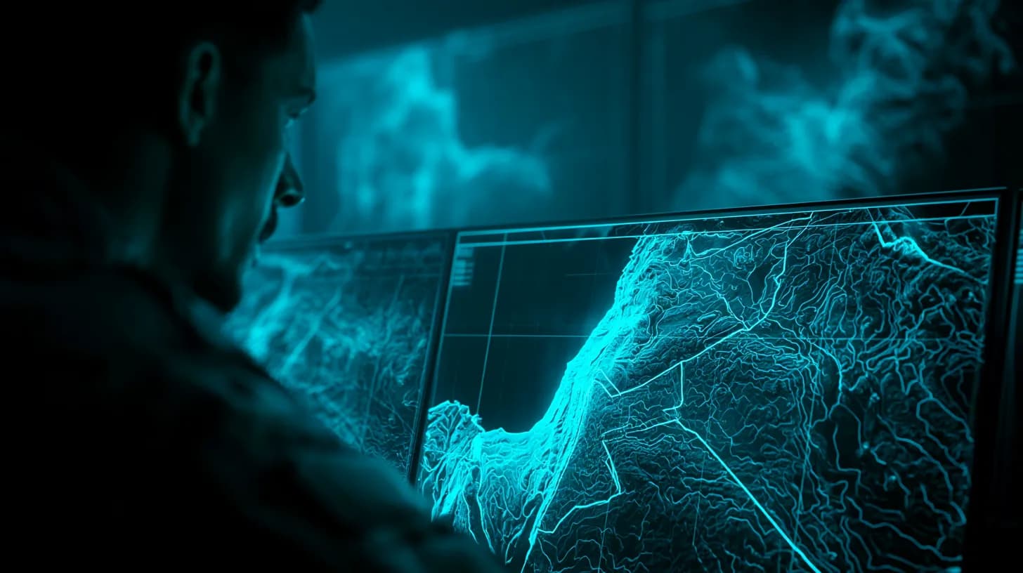 Analyst monitors satellite imagery of Middle East terrain on dim newsroom screens, signaling escalating geopolitical risk.