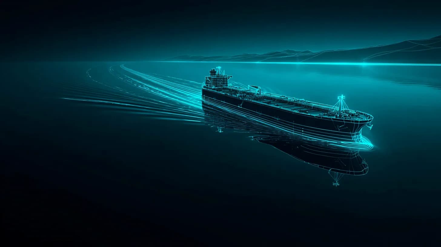 Oil tanker transiting the Strait of Hormuz at dusk under an overcast sky