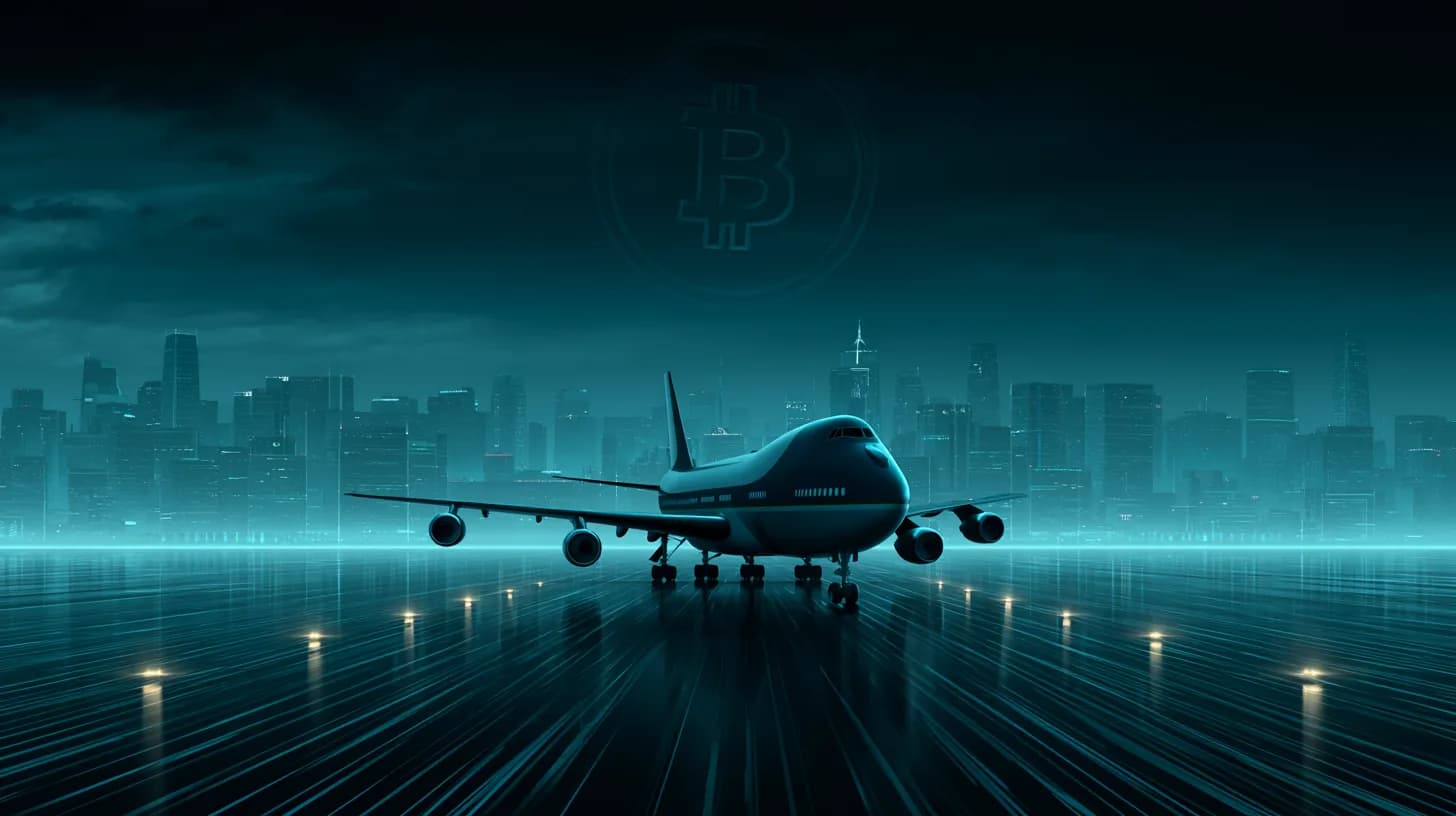 Air Force One on tarmac at dusk with Beijing skyline and faint Bitcoin logo in storm clouds