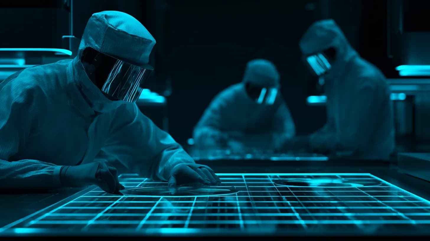 Technicians in white cleanroom suits operate EUV lithography machines at a TSMC semiconductor fabrication facility