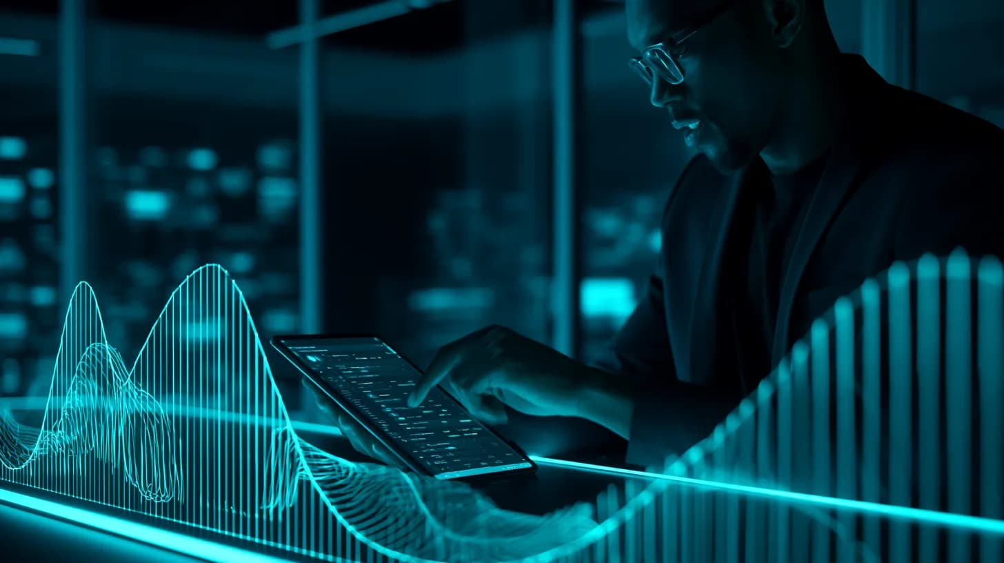 Executive reviews tokenized real-world asset dashboard on a trading floor at dusk