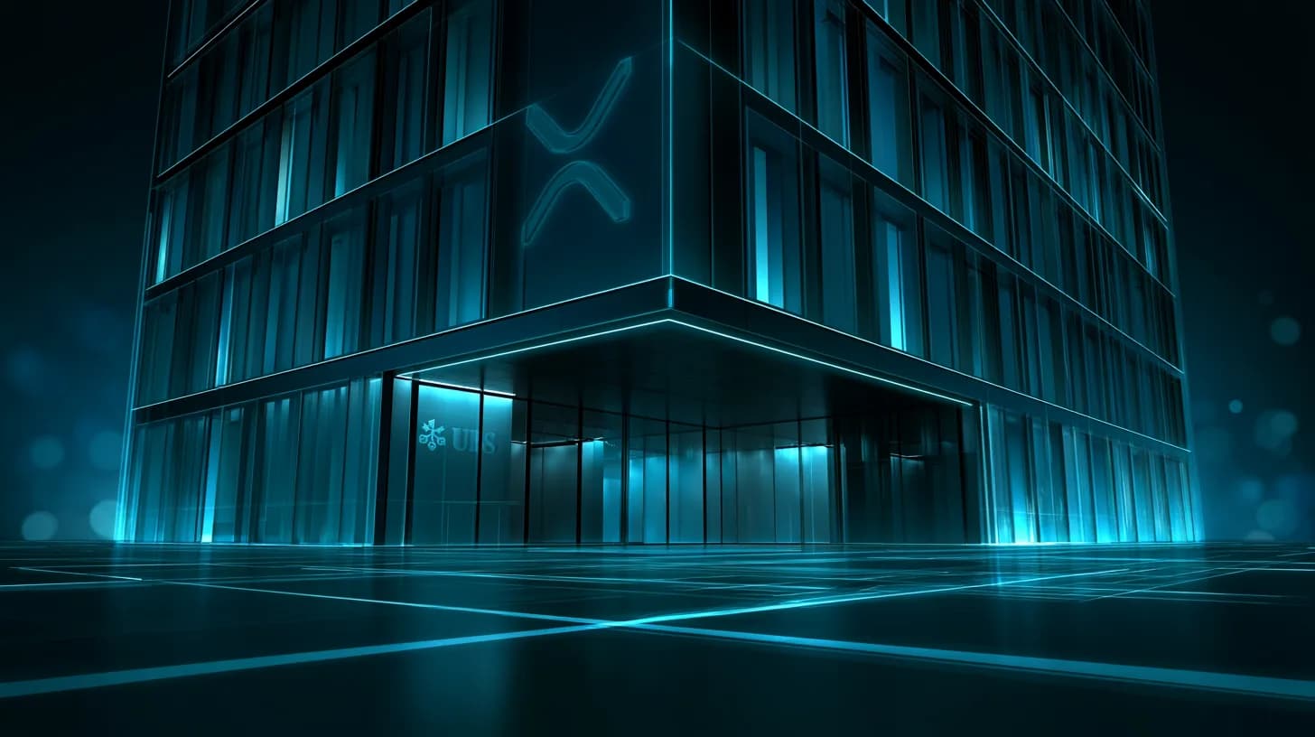 UBS headquarters in Zurich at dusk with a subtle XRP token symbol holographic overlay