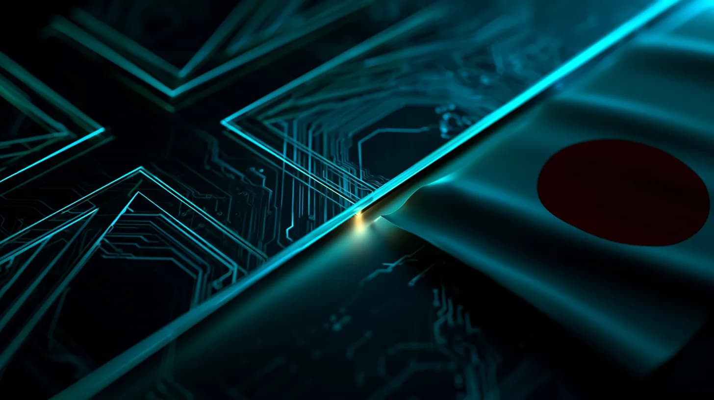 Union Jack and Japan flag meeting over dark steel-blue background with subtle circuit traces, Cryptomat editorial hero