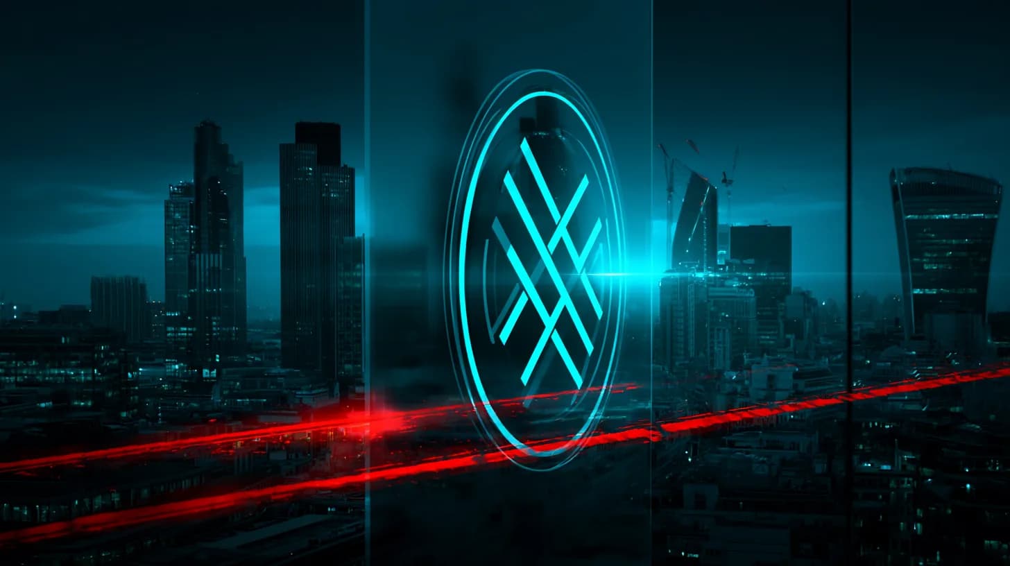UK financial district behind frosted glass with a red regulatory stamp over a crypto exchange symbol