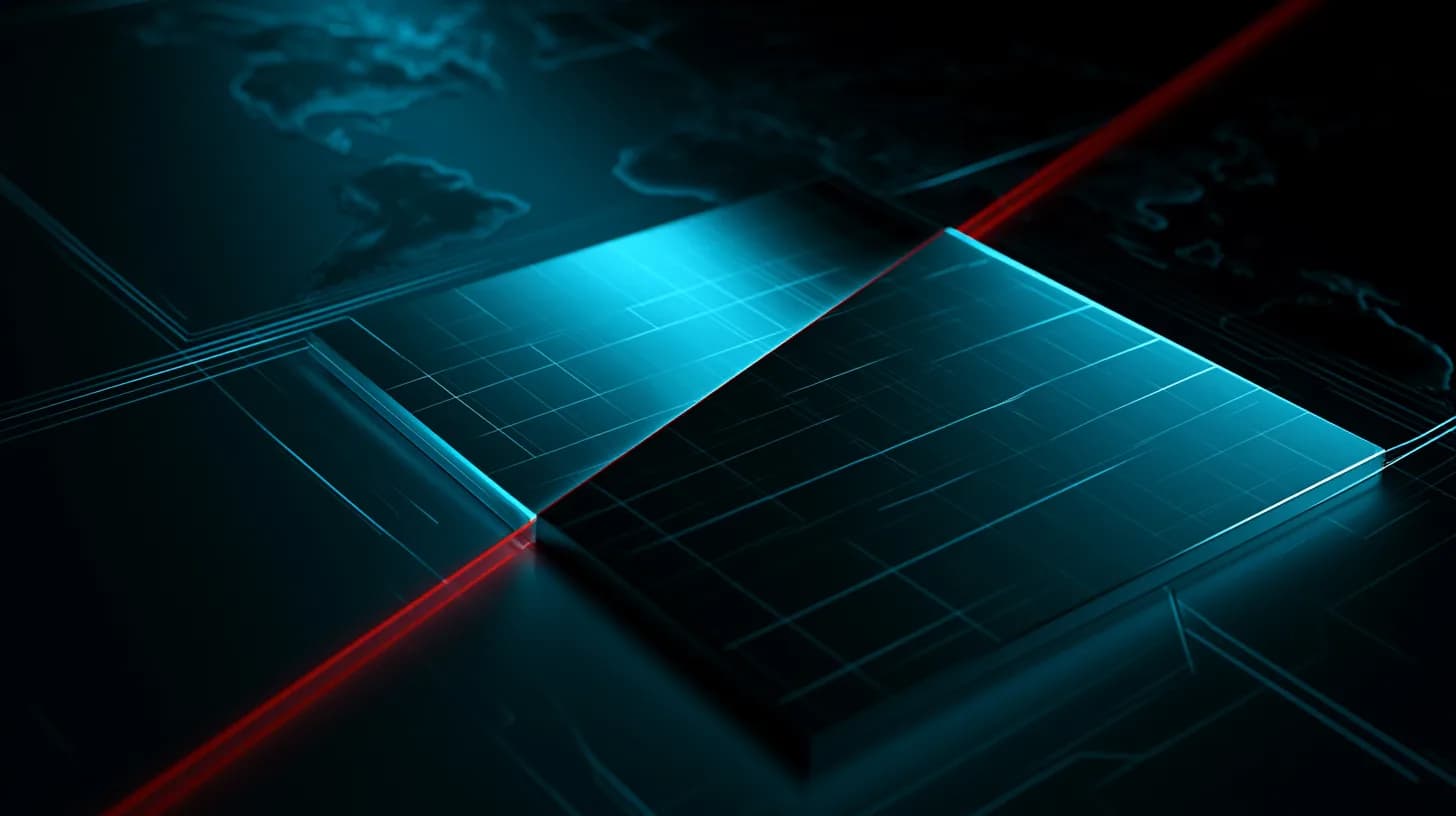 Silicon wafer split by red light against a dark slate background with faint world-map topography