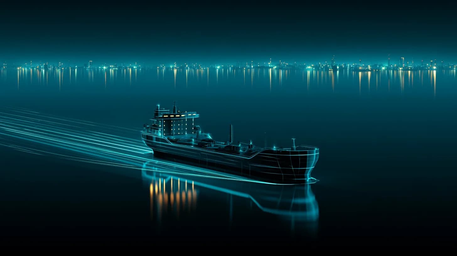 Oil tanker transiting the Strait of Hormuz at dawn with refinery lights on the coast