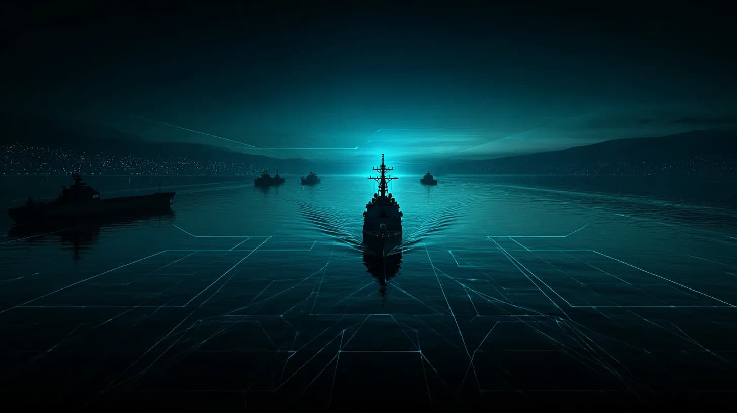 US Navy destroyer patrolling near oil tanker at dusk in the Strait of Hormuz region