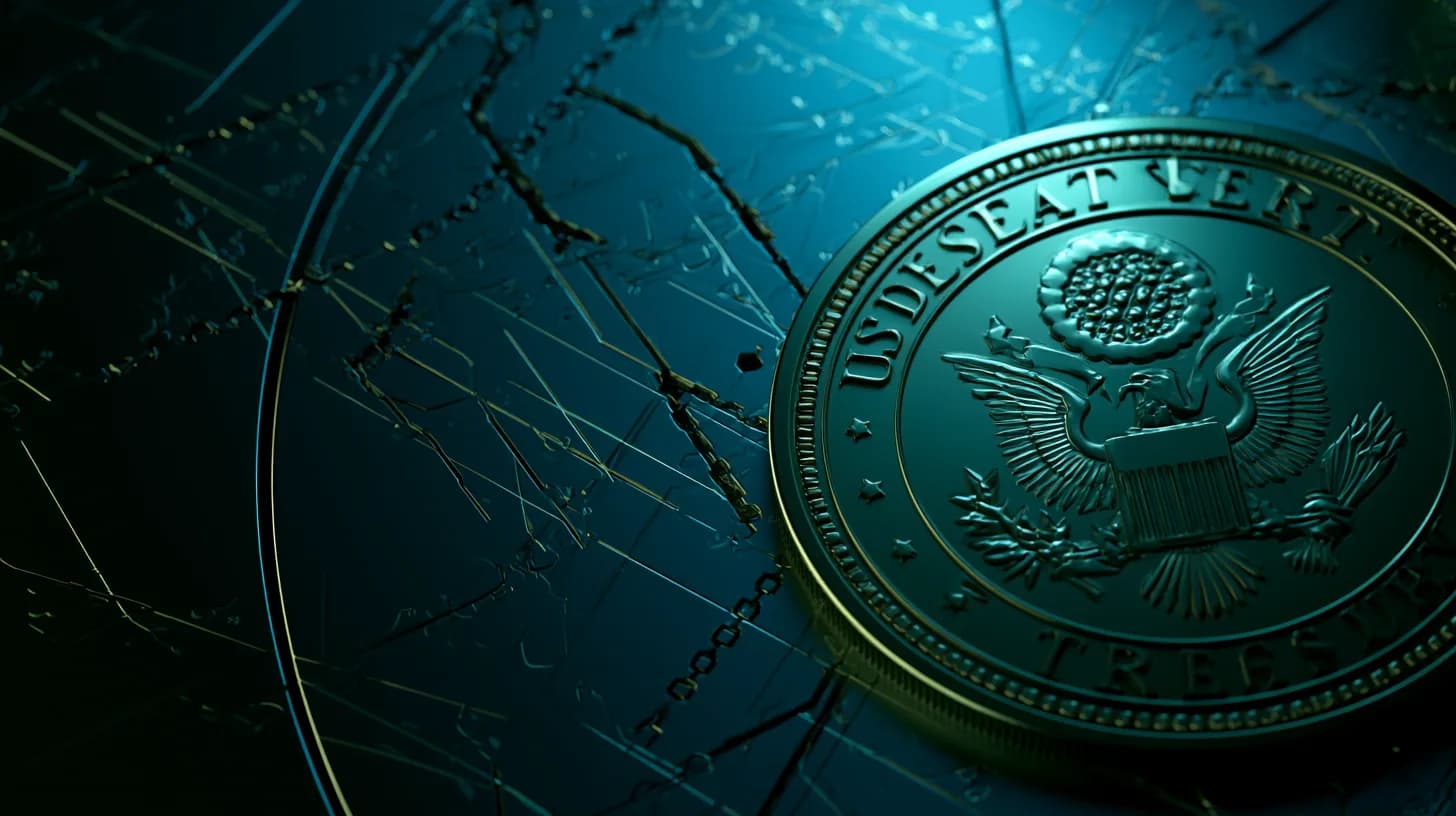 US Treasury seal on a vault door with broken blockchain links, illustrating Nobitex sanctions