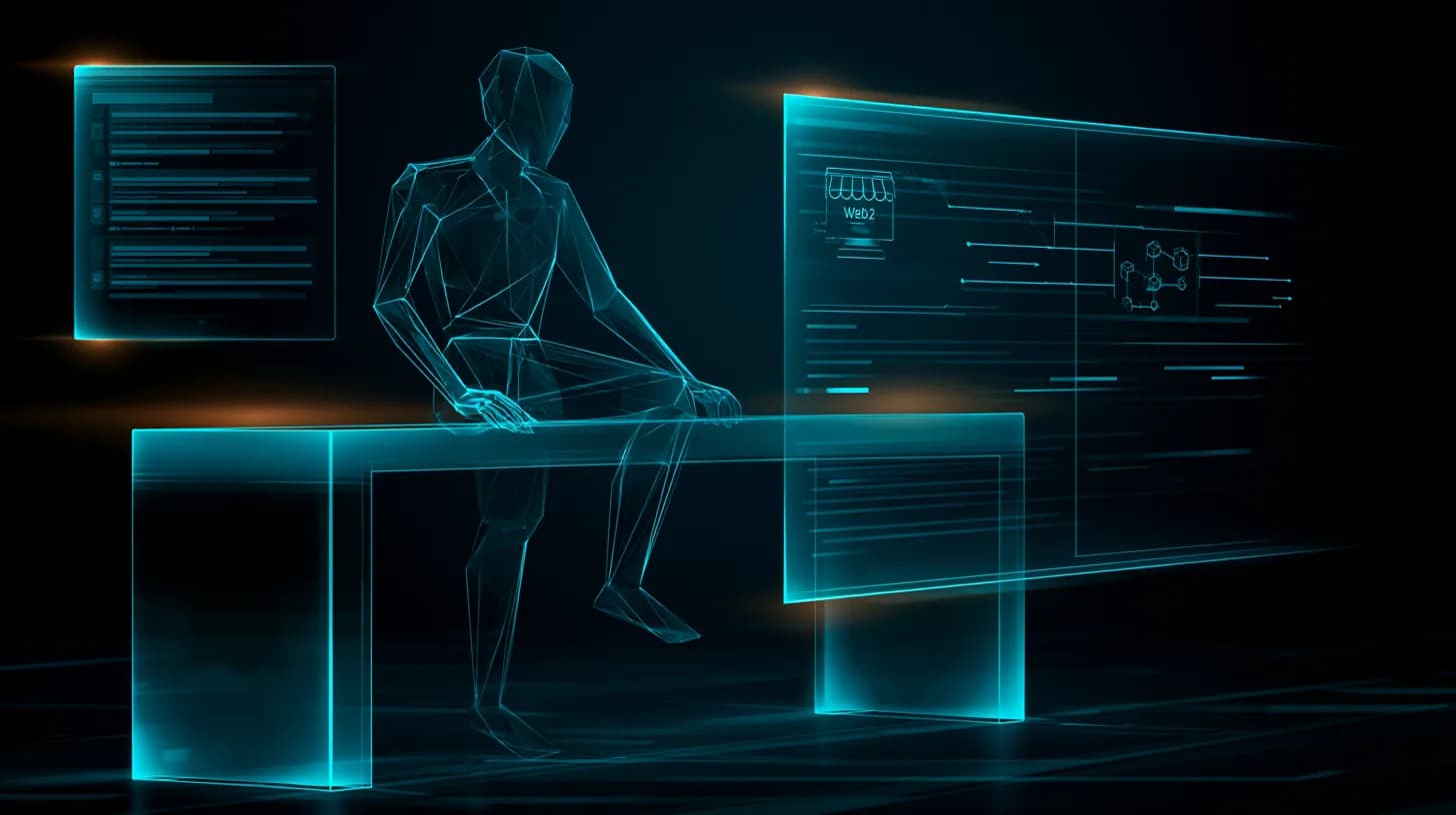 AI agent at a control desk managing a holographic inbox and a cross-chain commerce ledger between Web2 and Web3 endpoints