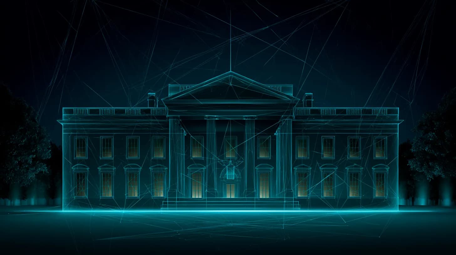 White House at dusk overlaid with a faint neural network pattern in amber light