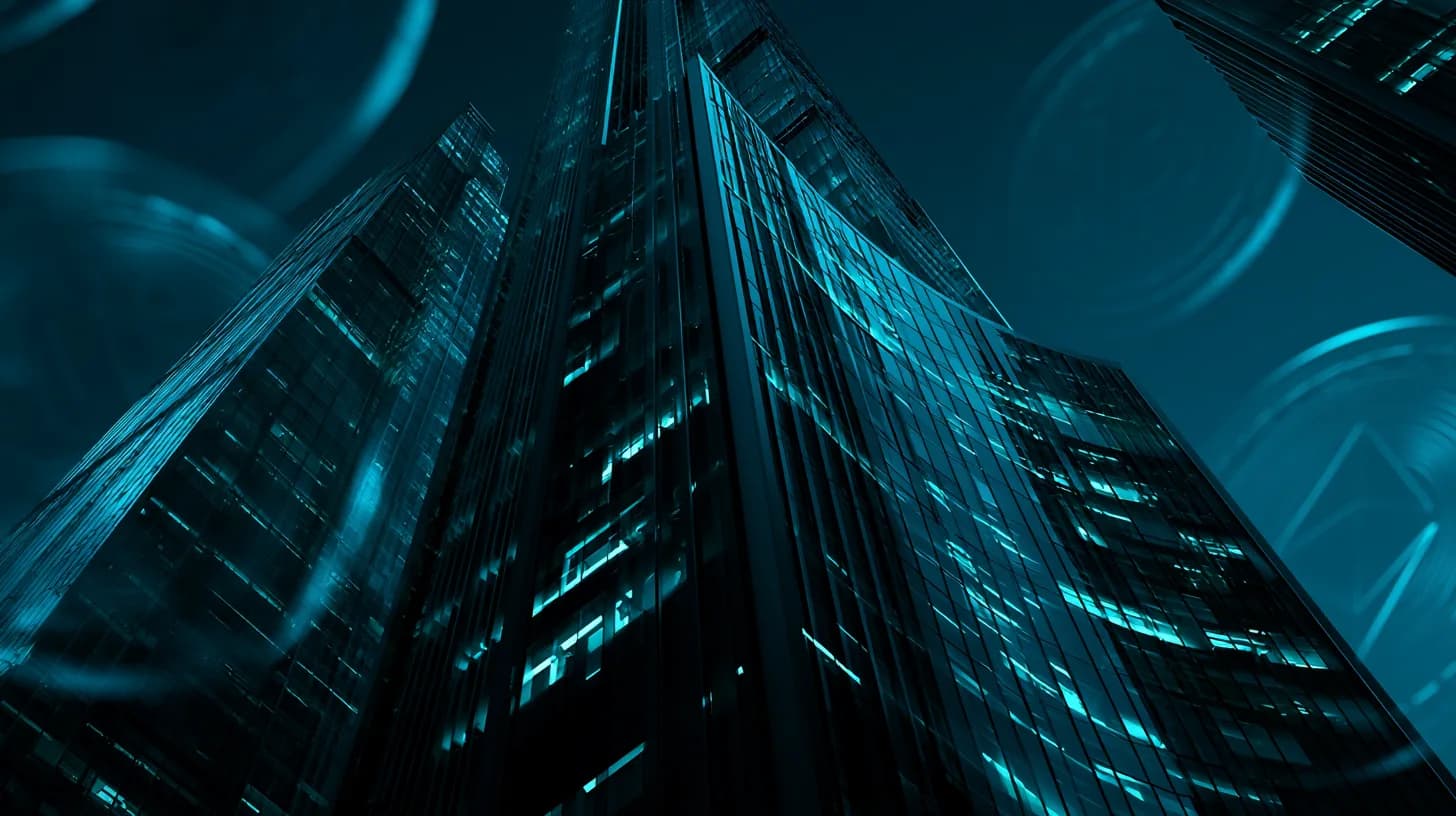 Lloyd's of London building at dusk with abstract crypto coin silhouettes representing insurance backing