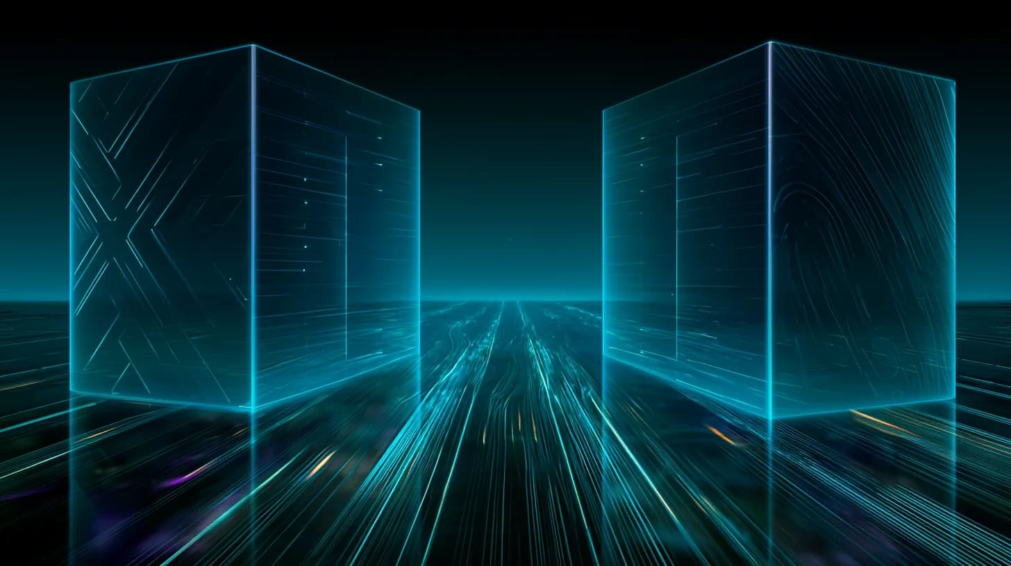 Two large AI server clusters connected by glowing cables in a neon-lit data center, symbolizing the xAI-Anthropic compute…