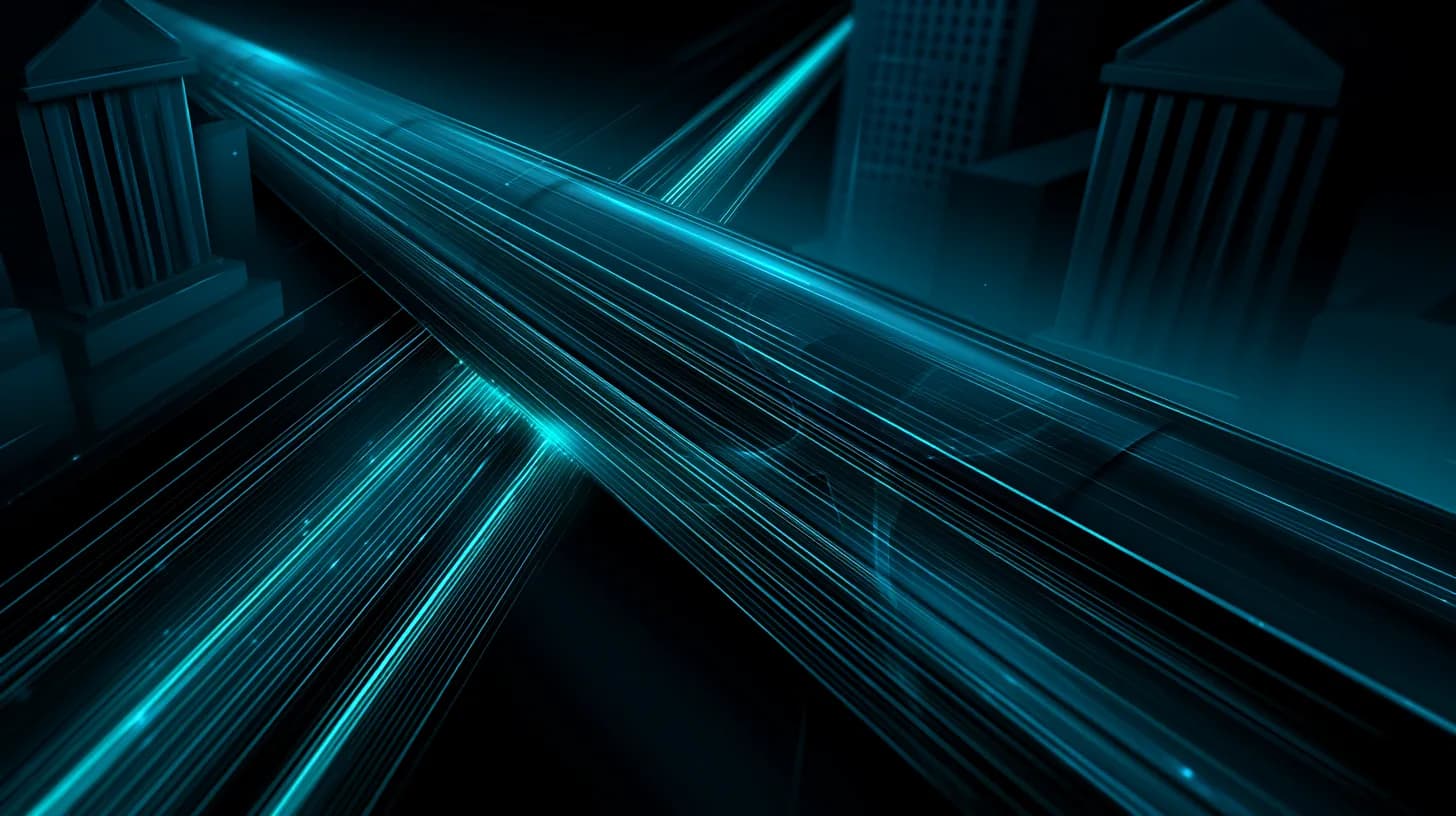 Silver XRP token rendered as a settlement pipeline between two bank towers under dramatic blue lighting