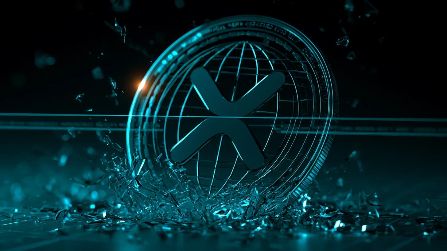 Stylized XRP coin breaking through a glass resistance barrier in a cool blue editorial illustration