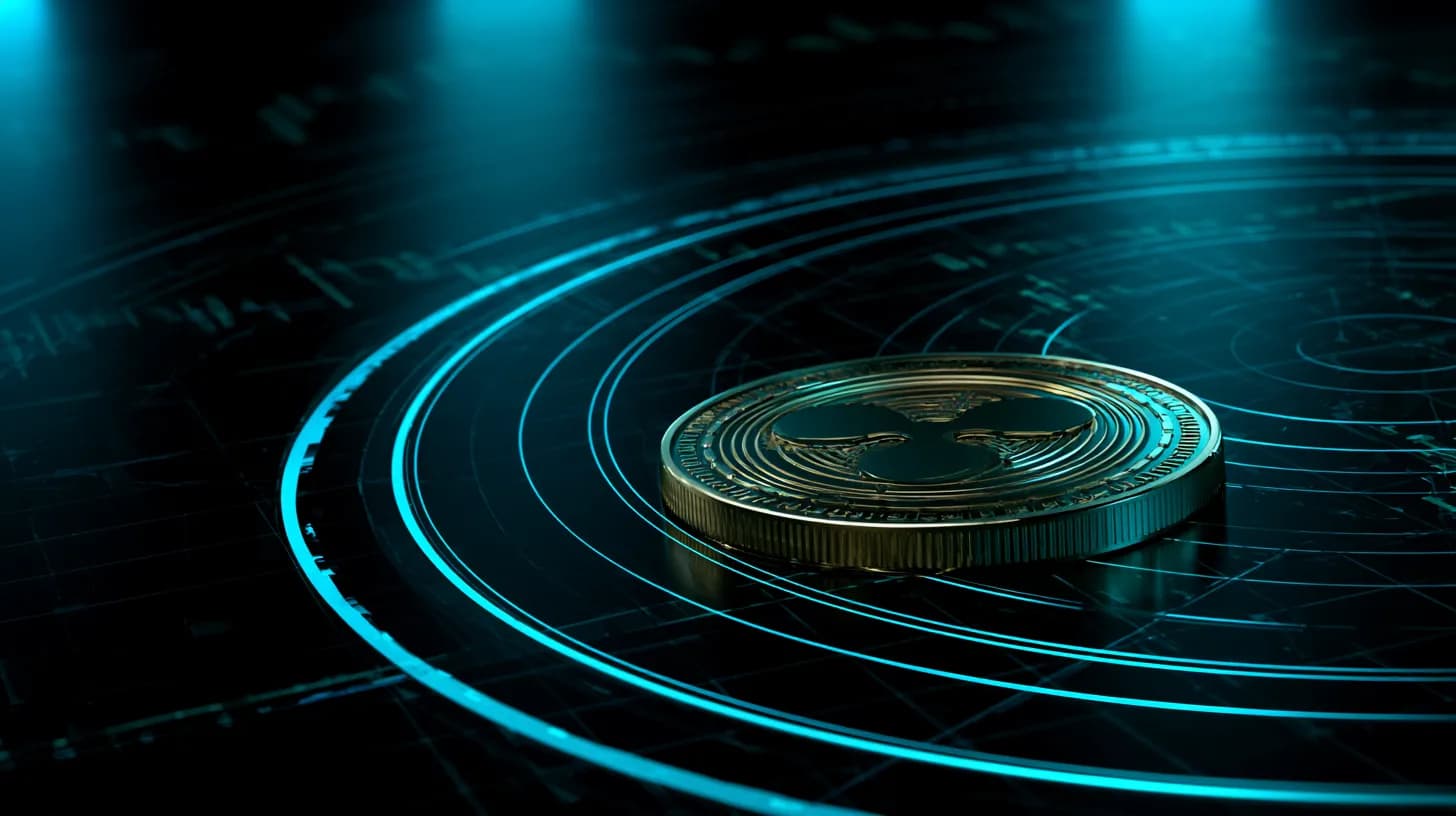 Single XRP coin on dark glass desk with faint candlestick chart reflections, moody trading-floor lighting