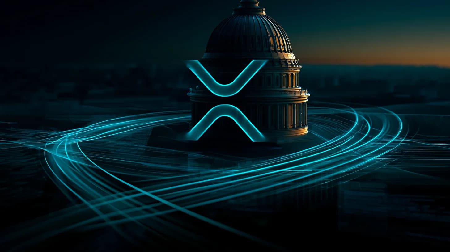 US Capitol at dawn with translucent XRP logo overhead and faint legislative documents in foreground