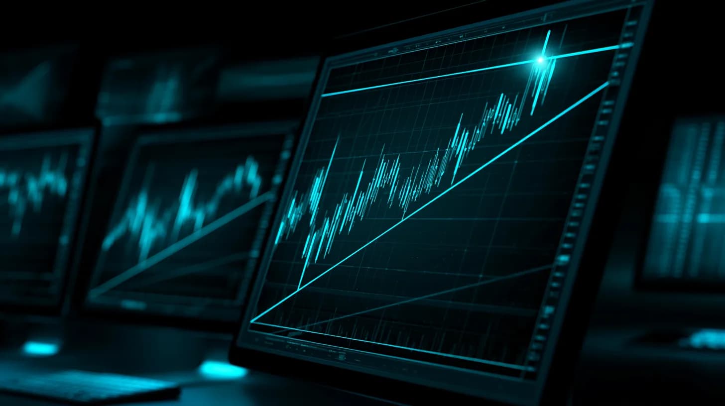 XRP price chart compressing below $1.41 resistance on trading desk monitors with cool blue lighting