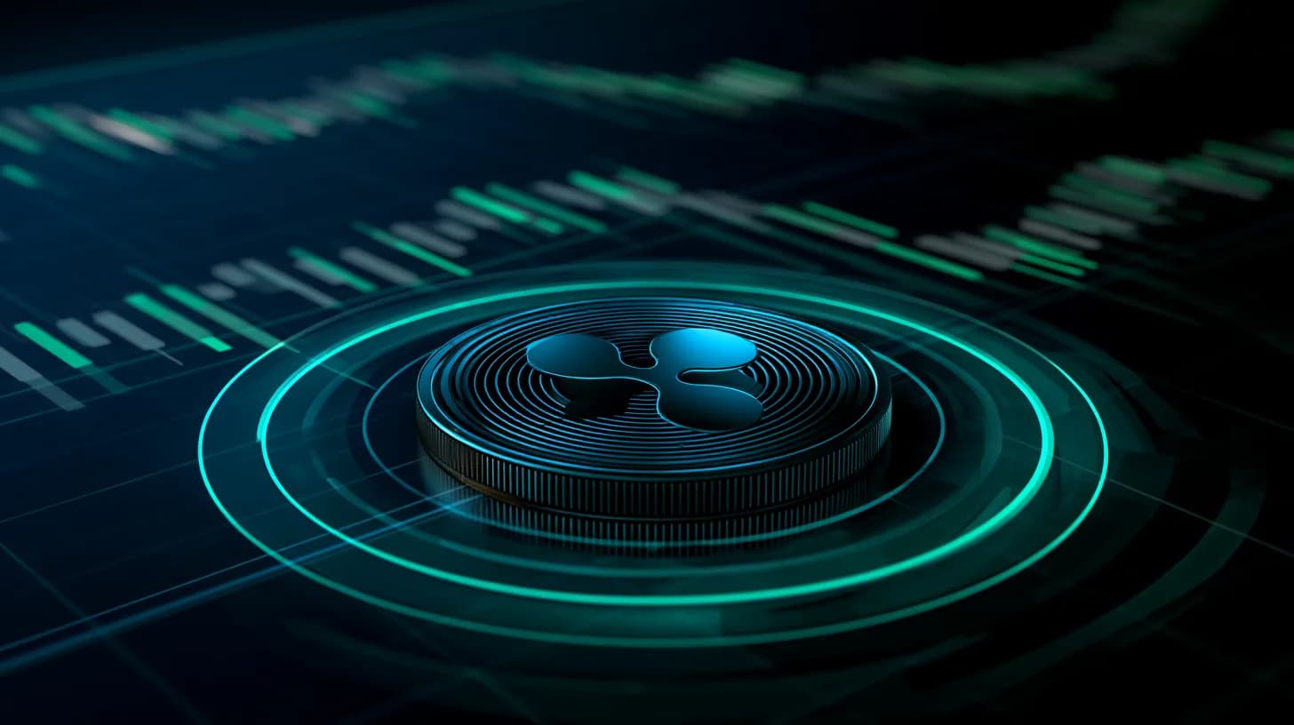 XRP coin set against a chart showing an inverse head-and-shoulders pattern approaching $1.50 resistance