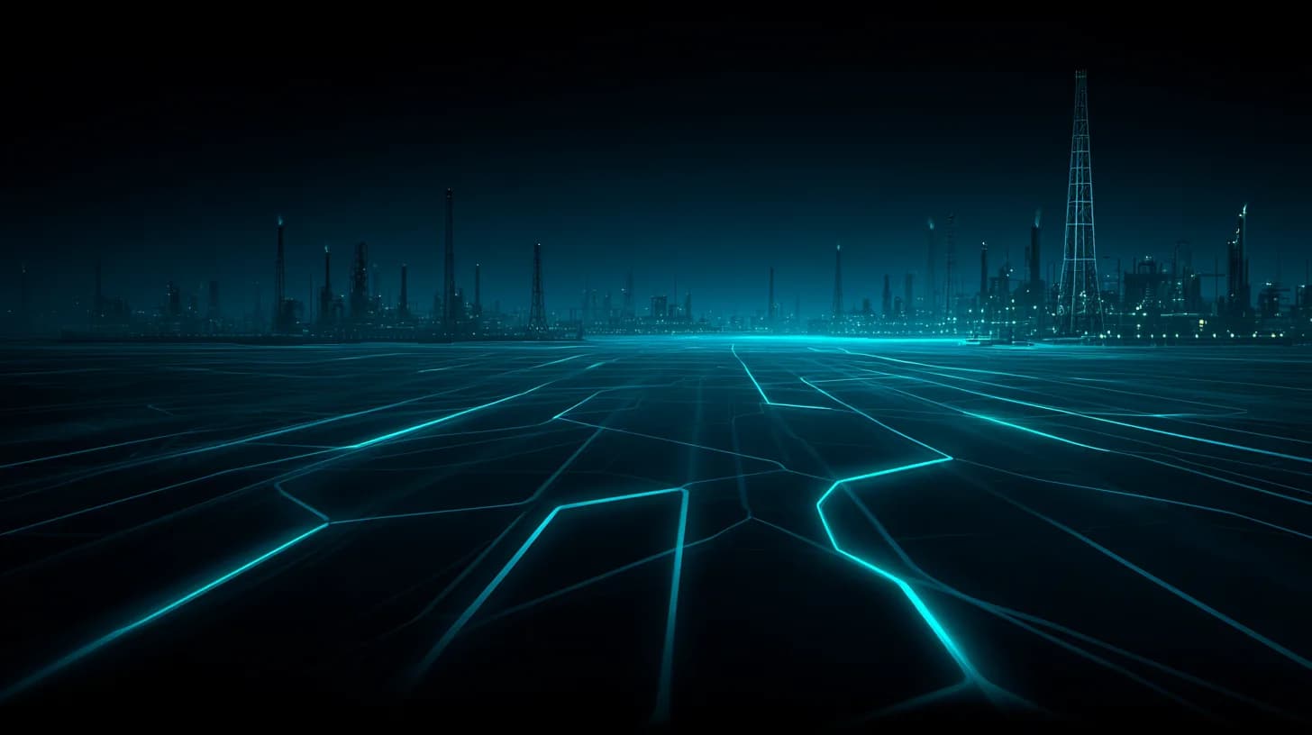 Industrial energy infrastructure connected to a glowing distributed ledger node, illustrating tokenized commodities on the…