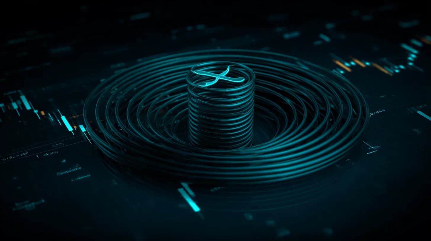 XRP coin compressed on a coiled steel spring against a dark trading-floor backdrop with chart silhouettes