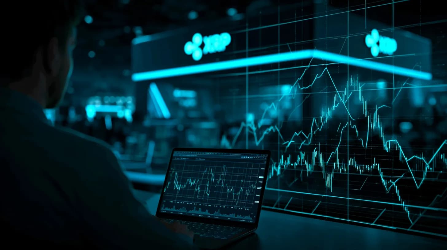 Trader studies XRP price chart on laptop near Ripple booth at Bitcoin Conference 2026 in Las Vegas