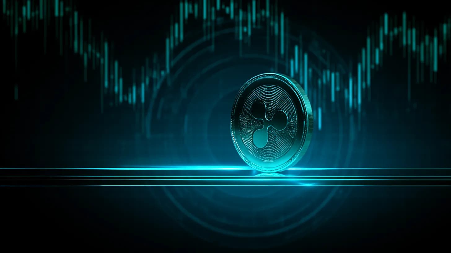 Silver XRP coin balanced on a glass shelf against a dark navy background with faint candlestick chart projection