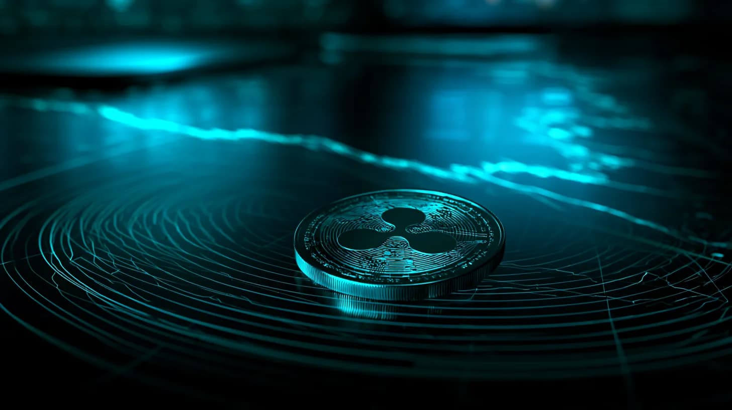 XRP token on a trading desk with a faint downward price chart reflected behind it