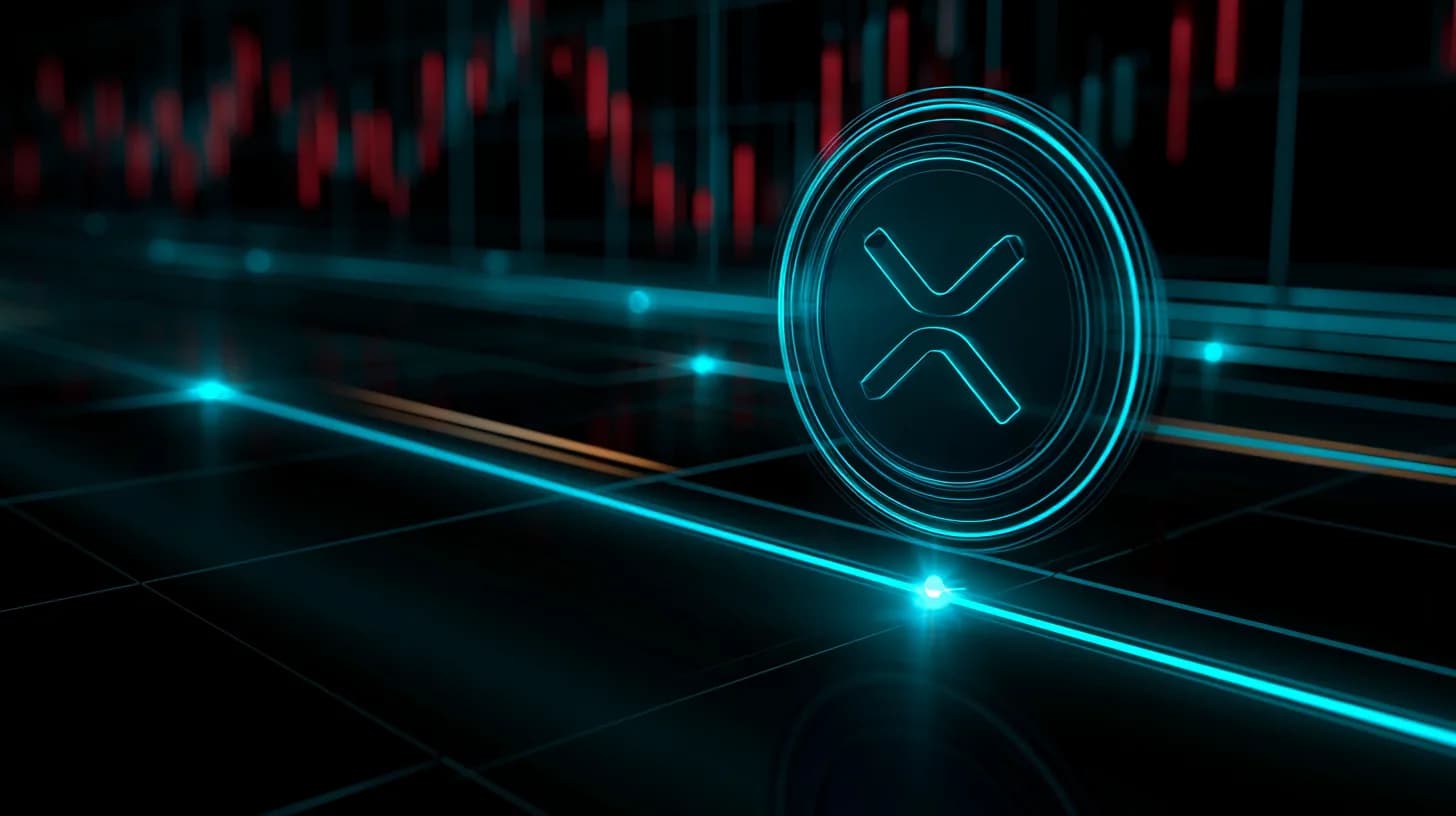 XRP token logo set against a falling price chart breaking below the $1.40 level on a dark trading screen