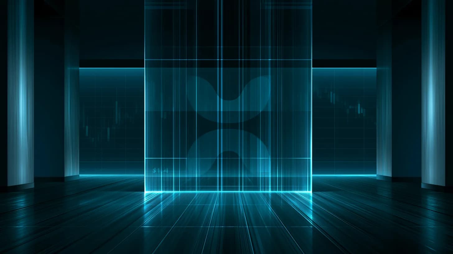 Editorial illustration of a glass wall labeled $1.41 on a dim trading floor with the XRP logo glowing behind it