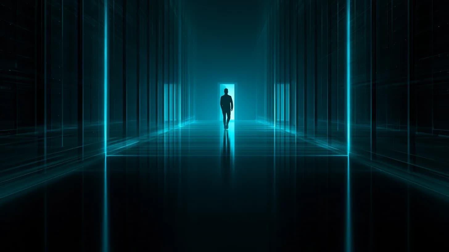 Lone figure walks away from rows of glowing GPU servers toward a distant lit doorway