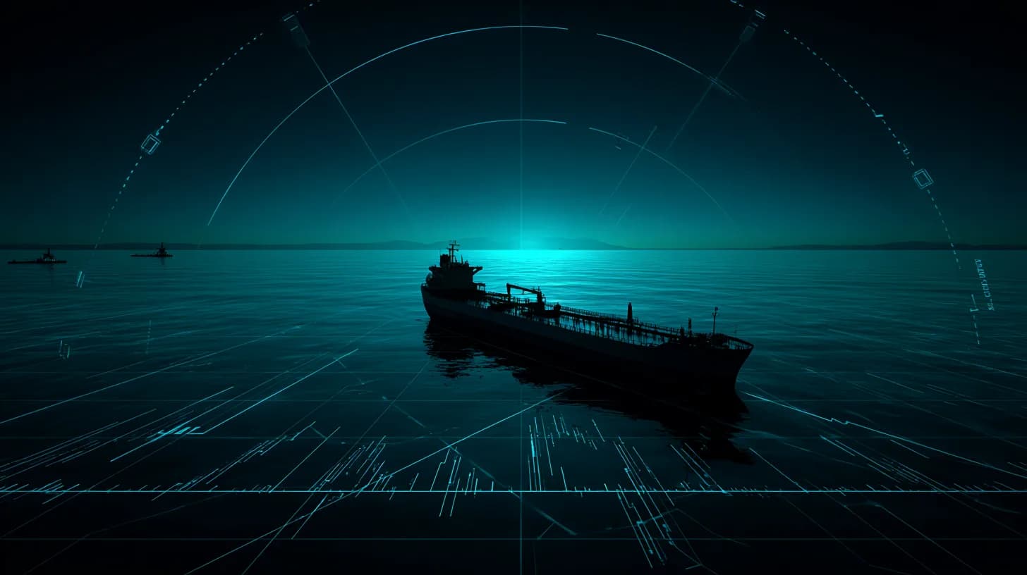 Oil tanker passing through the Strait of Hormuz at dusk under a tense sky