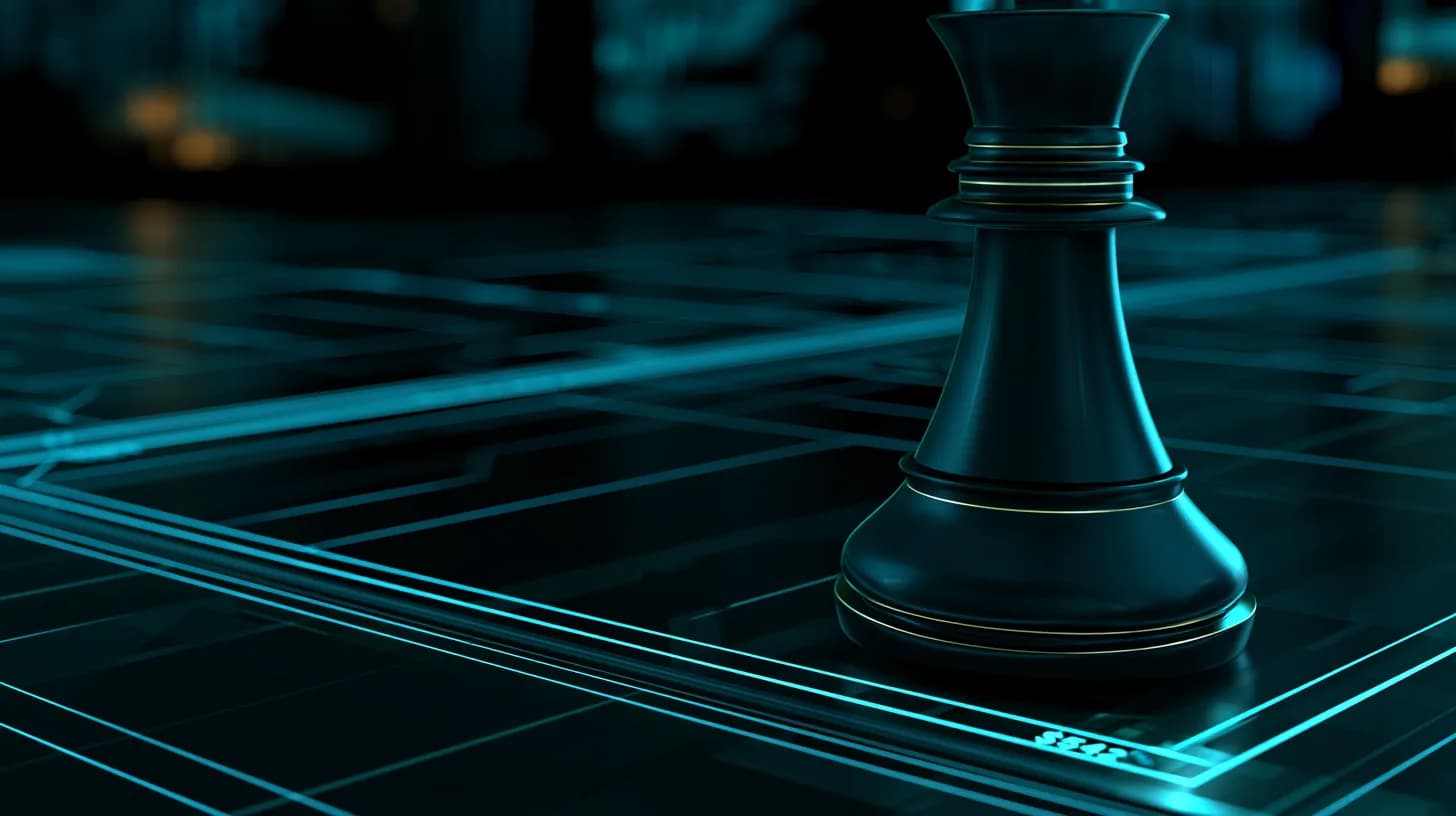 Black queen chess piece balanced on glass desk above a glowing $542 support line, editorial crypto illustration