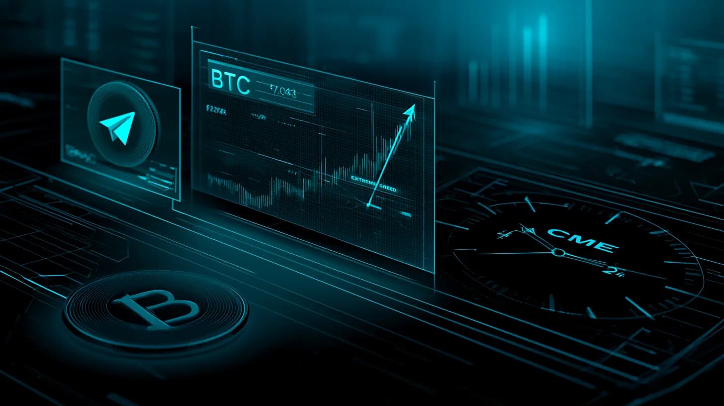 Editorial illustration of a digital trading floor showing BTC near $72,043, a falling sentiment gauge, and a TON-to-Gram…
