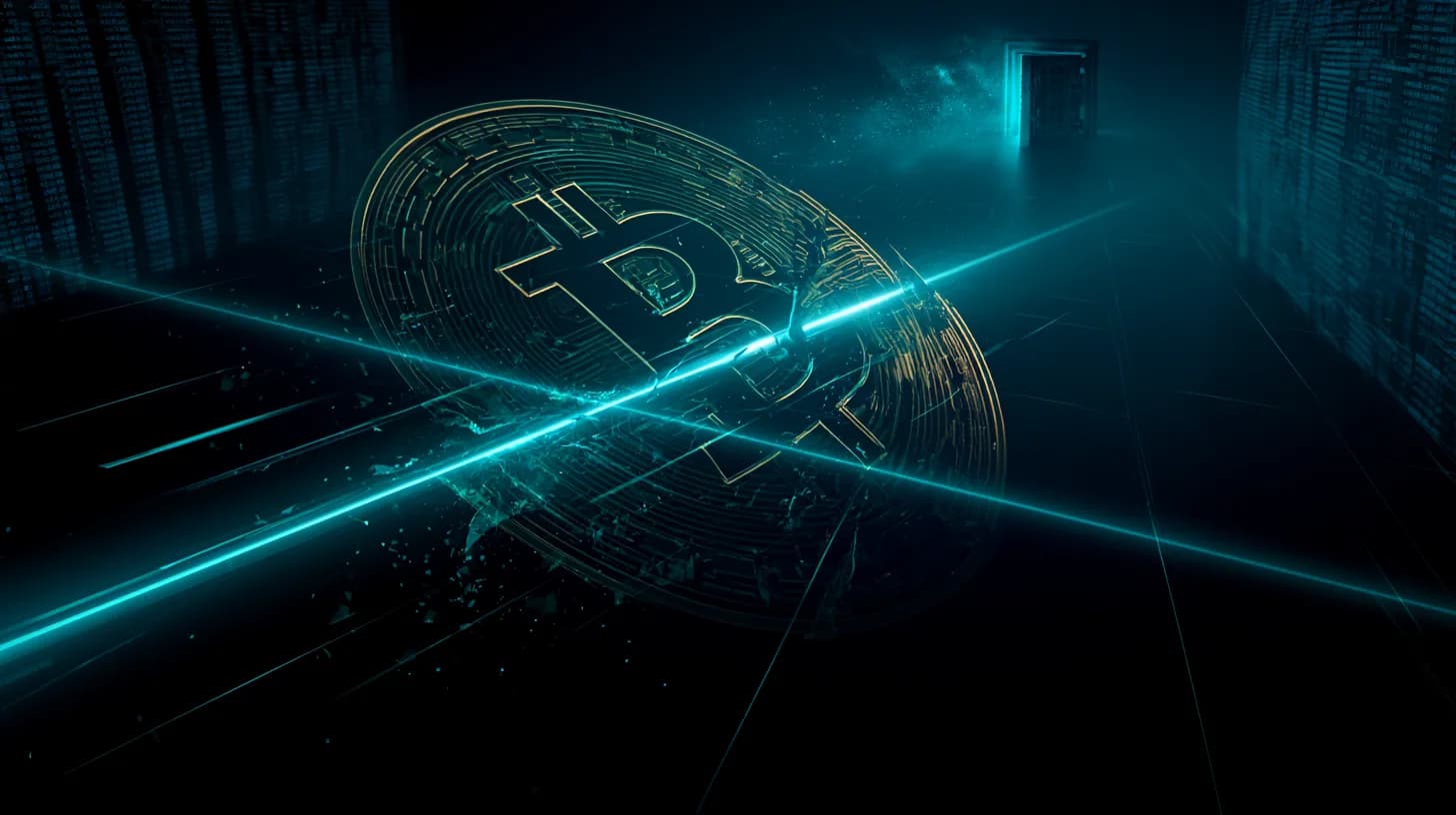 Bitcoin symbol breaking below a $69,000 price line with faint exchange order books and a cracked vault door releasing light…
