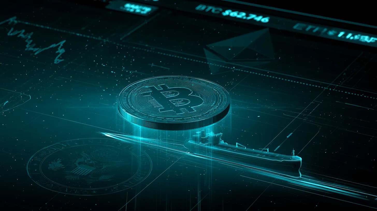 Bitcoin coin between US Treasury seal and Strait of Hormuz tanker silhouette with ETH RSI chart in background