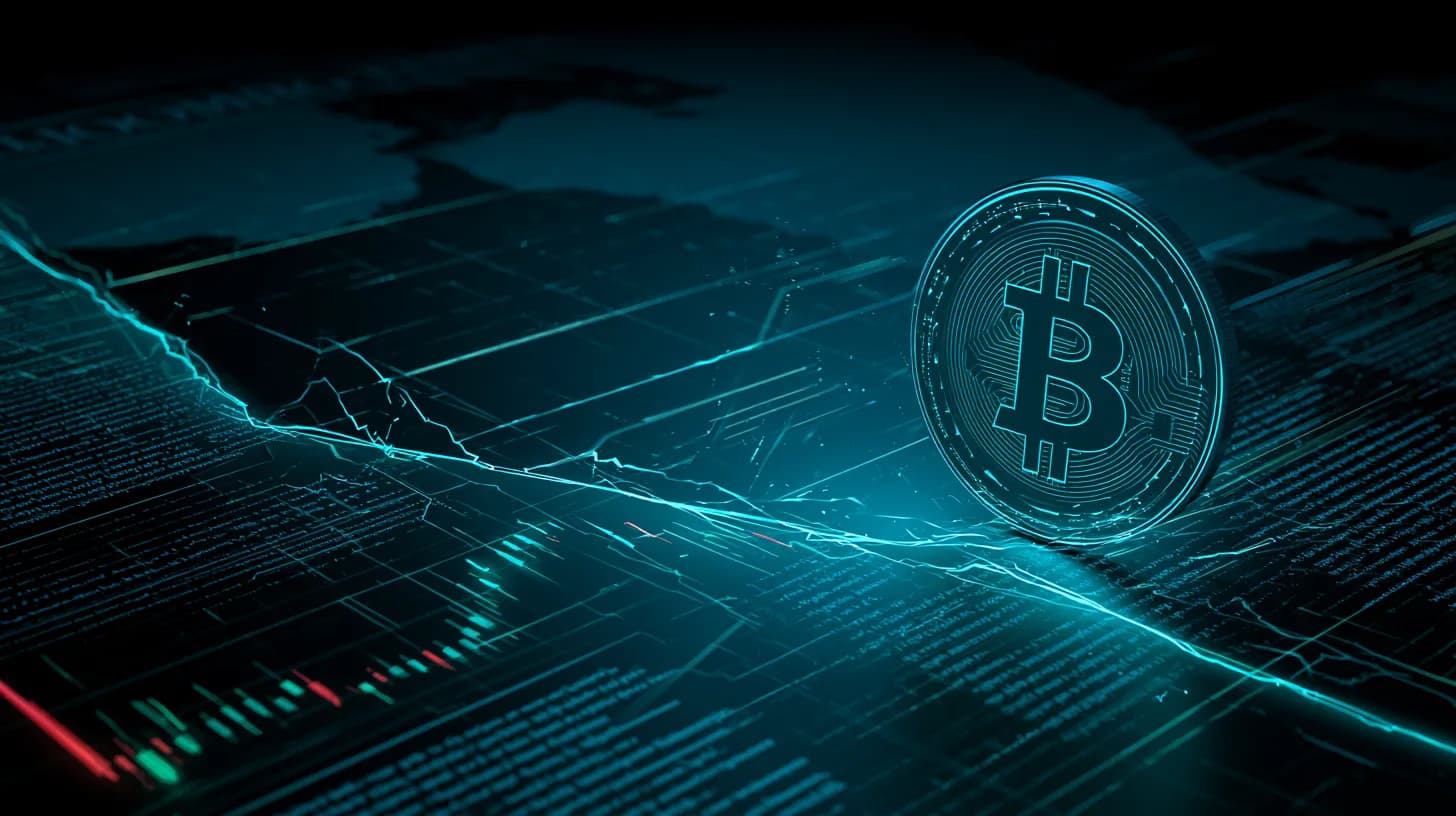 Bitcoin coin on fracturing chart line with Middle East map backdrop and red-to-green candlesticks signaling volatile recovery