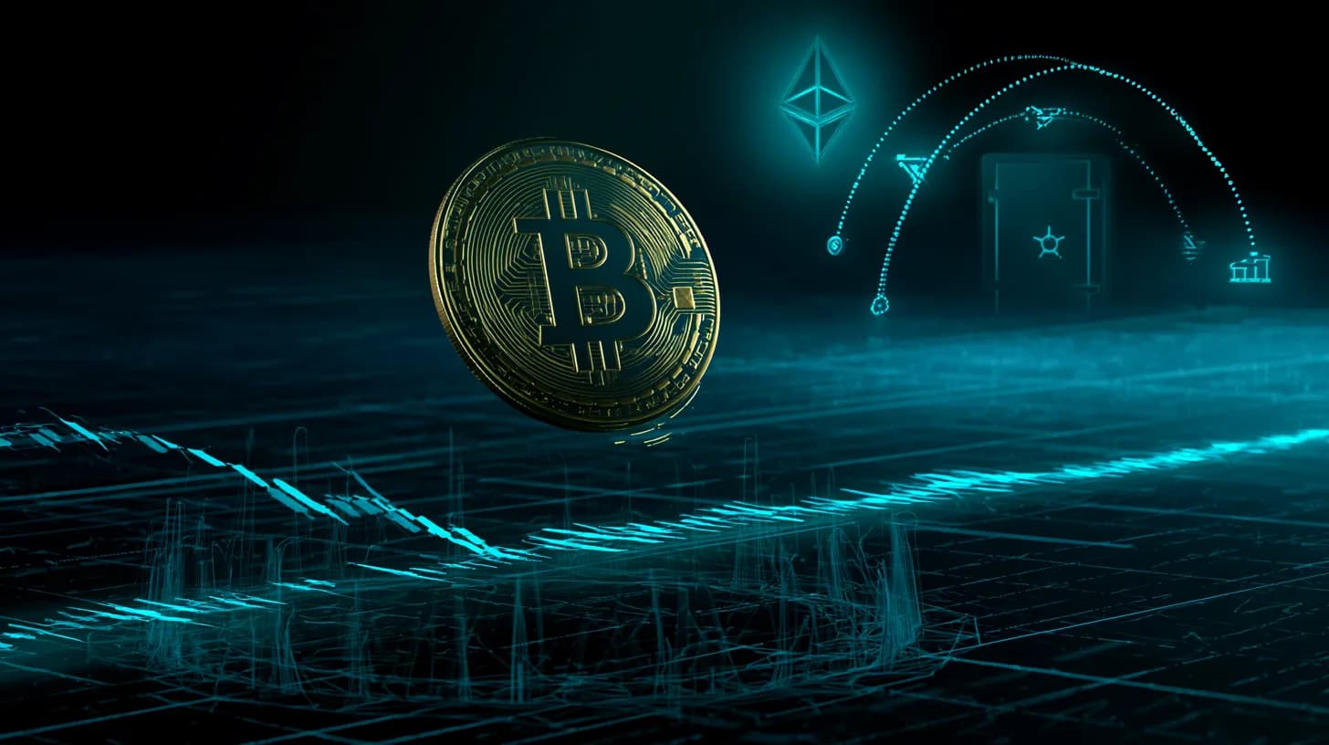 Bitcoin logo above a bear-trap with whale-shaped wallets pulling coins off exchanges into cold storage, navy and gold…