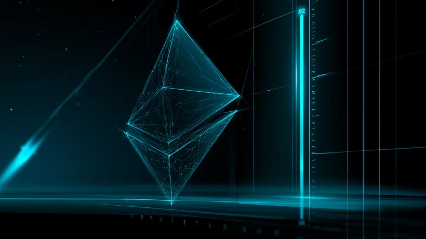 Vertical pulse gauge at 92 next to an Ethereum logo wrapped in staking nodes, with a faint rocket trail in the background