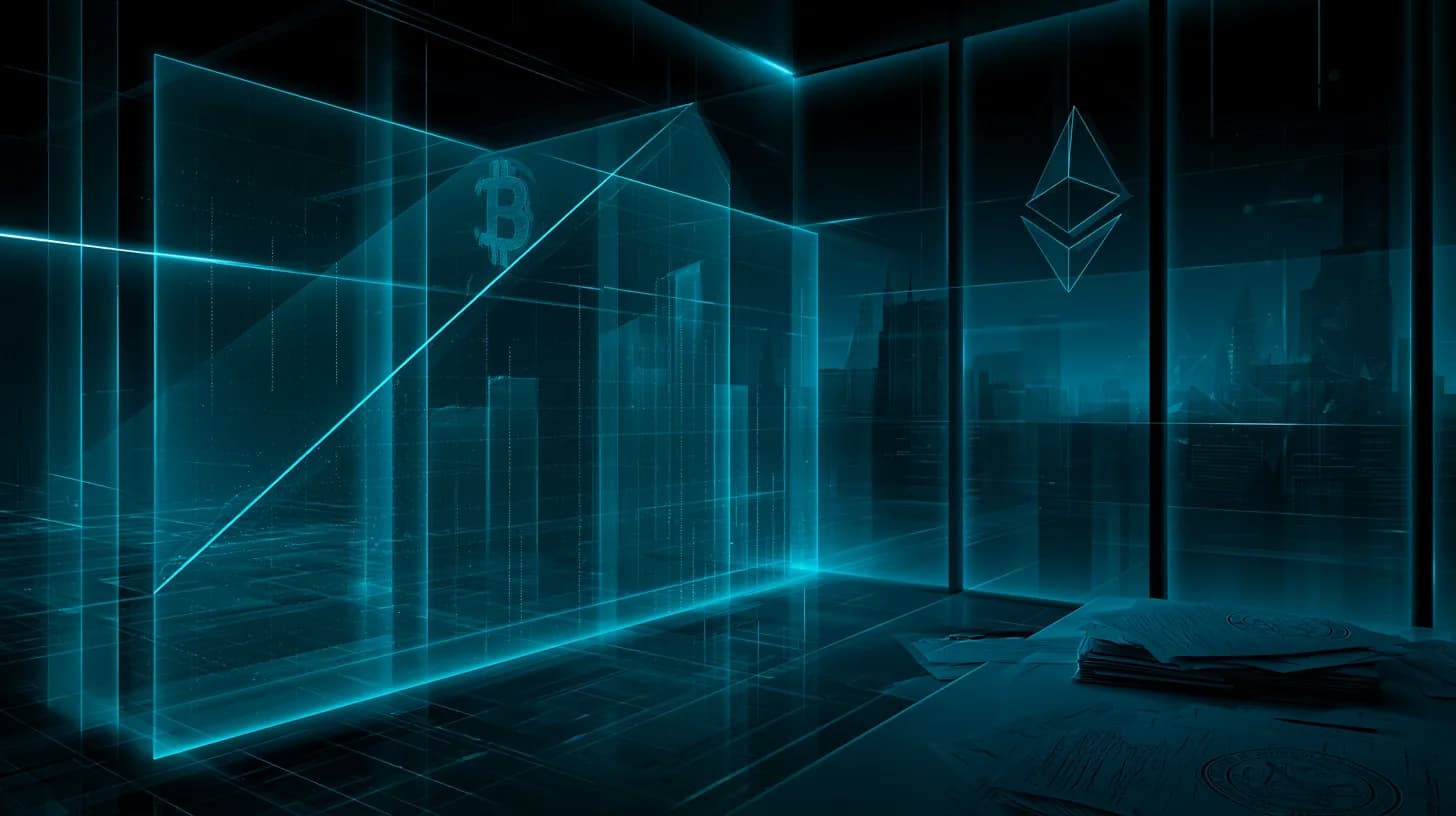 Editorial illustration of an institutional crypto trading floor with tokenization charts, BTC and ETH logos, and CFTC and…