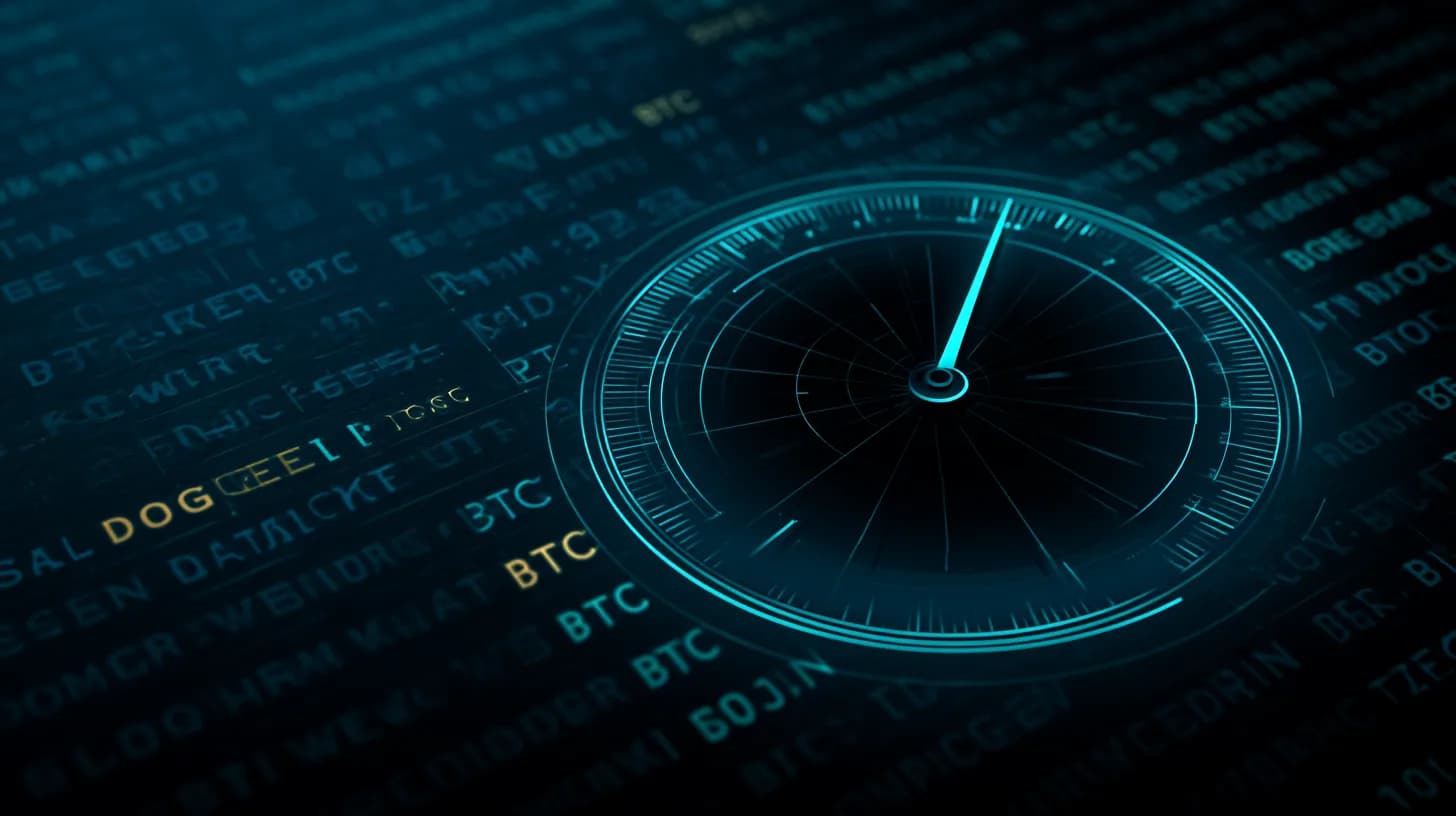 Sentiment gauge needle falling back from greed toward neutral with SOL, DOGE and BTC tickers highlighted on a financial…