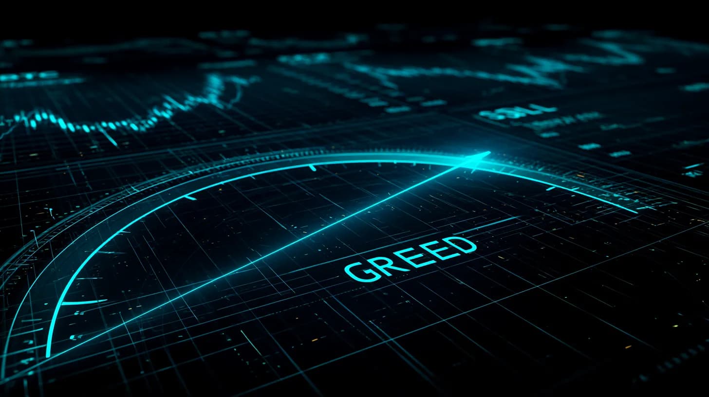 Sentiment gauge cresting at extreme greed with BTC, ETH and SOL candlestick silhouettes in cool blue tones